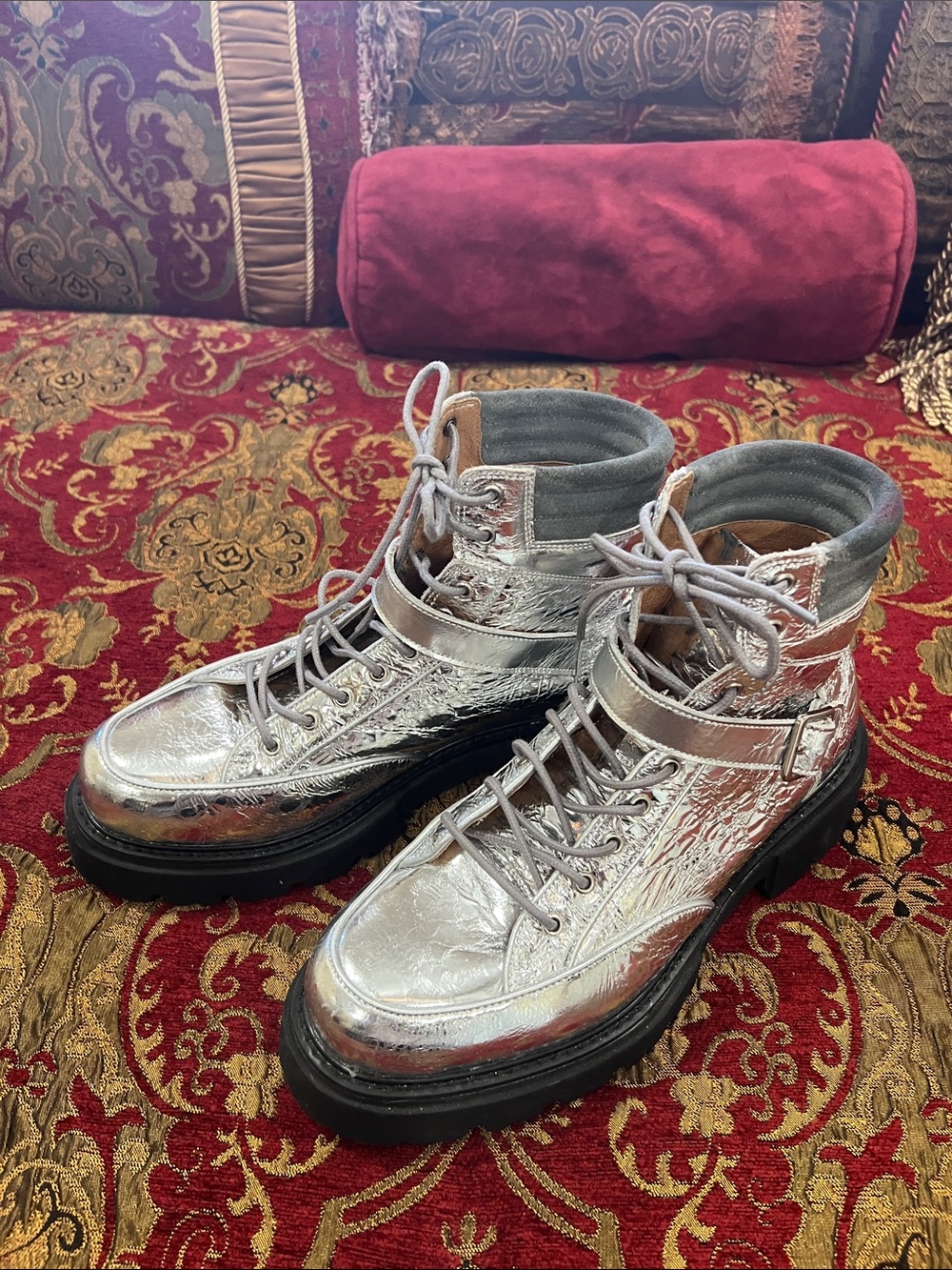 Marc Nolan-Never Worn
Metallic Silver Lace-Up Women's Ankle Boots with Strap.